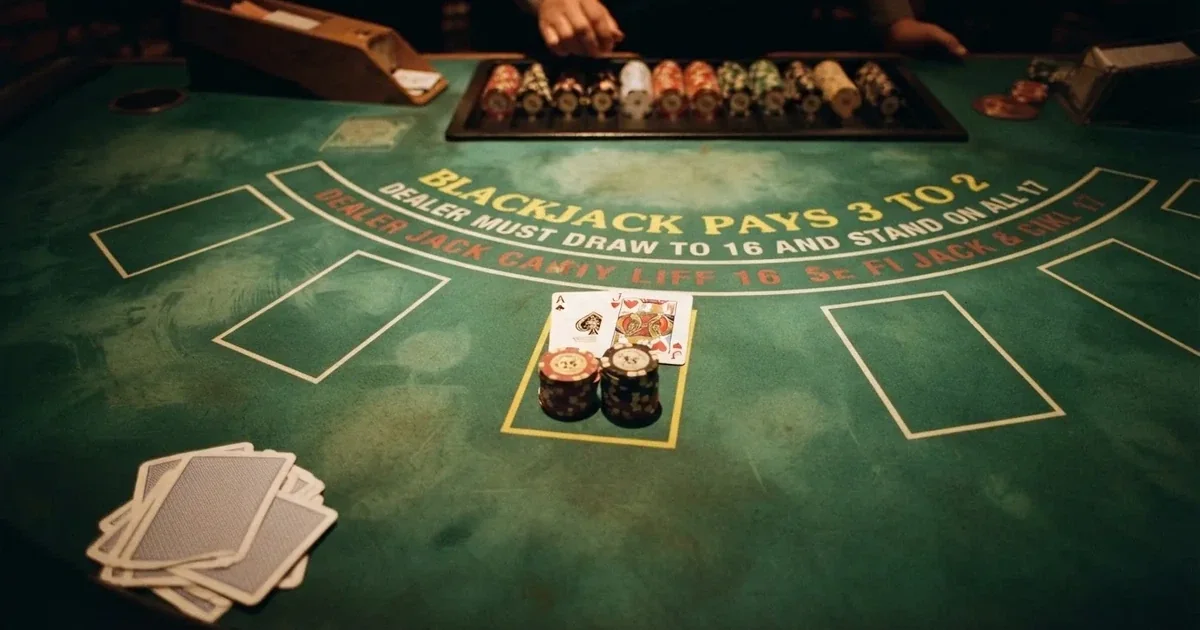Valaistu pelipöytä ja pelikortit ylhäältä kuvattuna — casino ventti