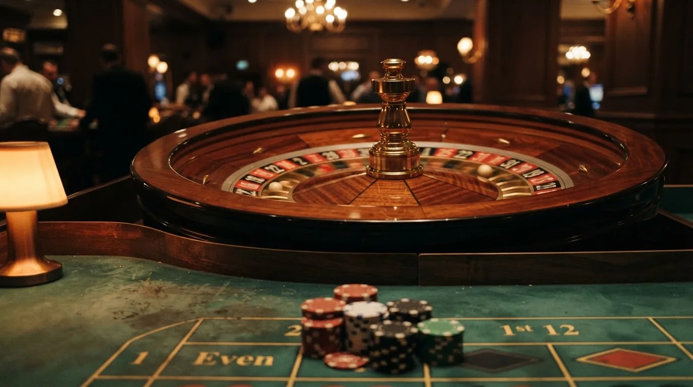 Rulettipyörä ja pelimerkit vihreällä huovalla lämpimässä iltavalossa — casino ventti