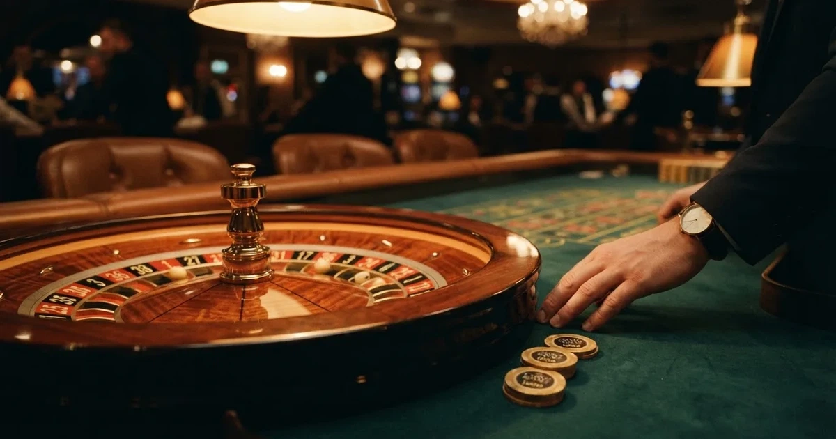 Rulettipyörä ja pelimerkit vihreällä huovalla lämpimässä iltavalossa — heti voitot casino