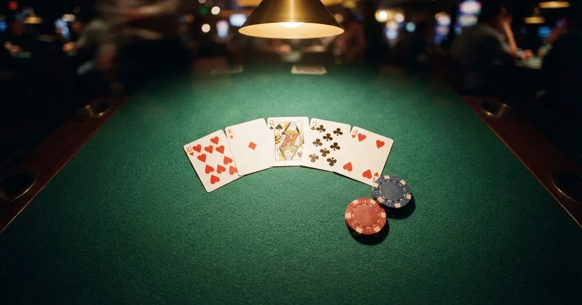 Valaistu pelipöytä ja pelikortit ylhäältä kuvattuna — kolikkopelit casino pelit