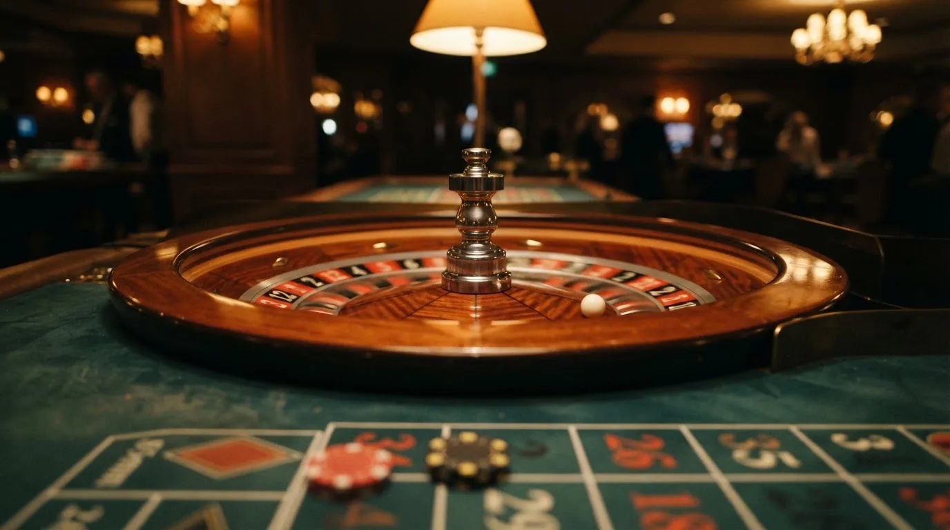 Rulettipyörä ja pelimerkit vihreällä huovalla lämpimässä iltavalossa — kolikkopelit casino pelit