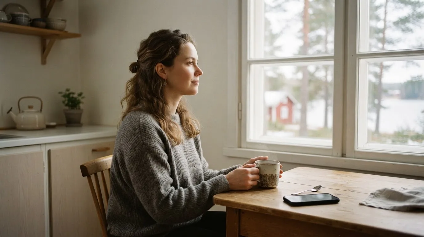 Henkilö istuu keittiön pöydän ääressä teekupin kanssa katsoen ulos ikkunasta rauhallisesti.