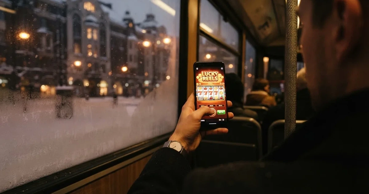 Puhelin kädessä Helsingin raitiovaunussa talvi-iltana — mobiilikasino puhelimessa