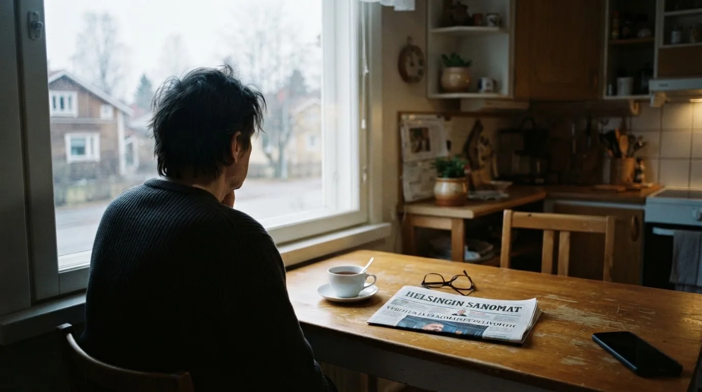 Henkilö istuu keittiön pöydän ääressä teekupin kanssa katsellen ulos ikkunasta aamulla.