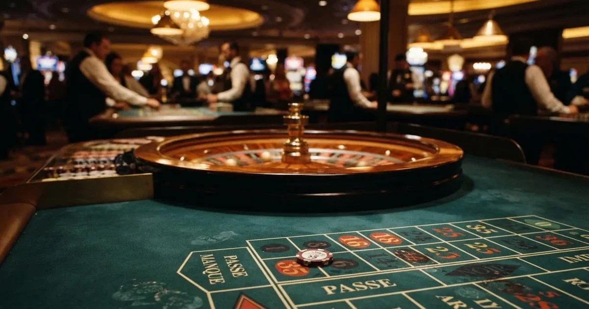 Roulette-pöytä lähikuvassa, jossa pyörivä pyörä ja pallo hyppäävät numerolokeroiden välillä pelisalin hämärässä valaistuksessa.